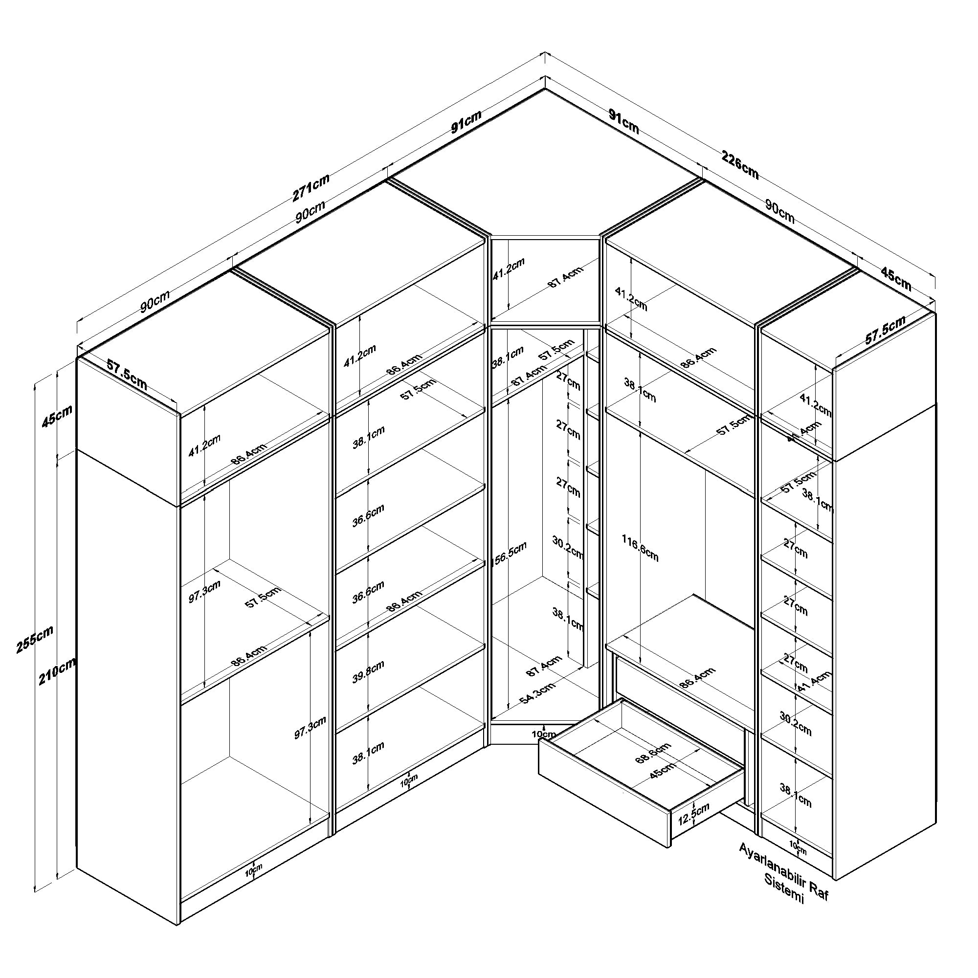 Rani BA214 Geniş Köşe Gardırop Elbise Dolabı 8 Kapaklı 2 Çekmeceli 23 Raflı 4 Askılı Modüler Dolap Beyaz